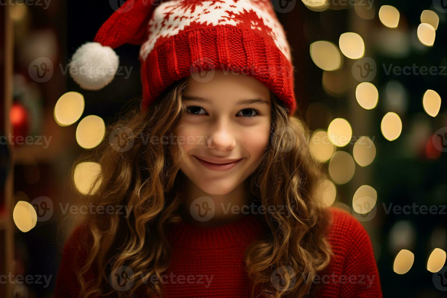 glad flicka njuter jul firande i vinter- klädsel ai generativ foto