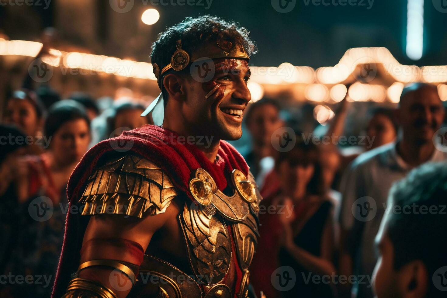 en gata artist klädd som en roman gladiator en Foto av en löpare tävlar genom en stad parkera ai generativ