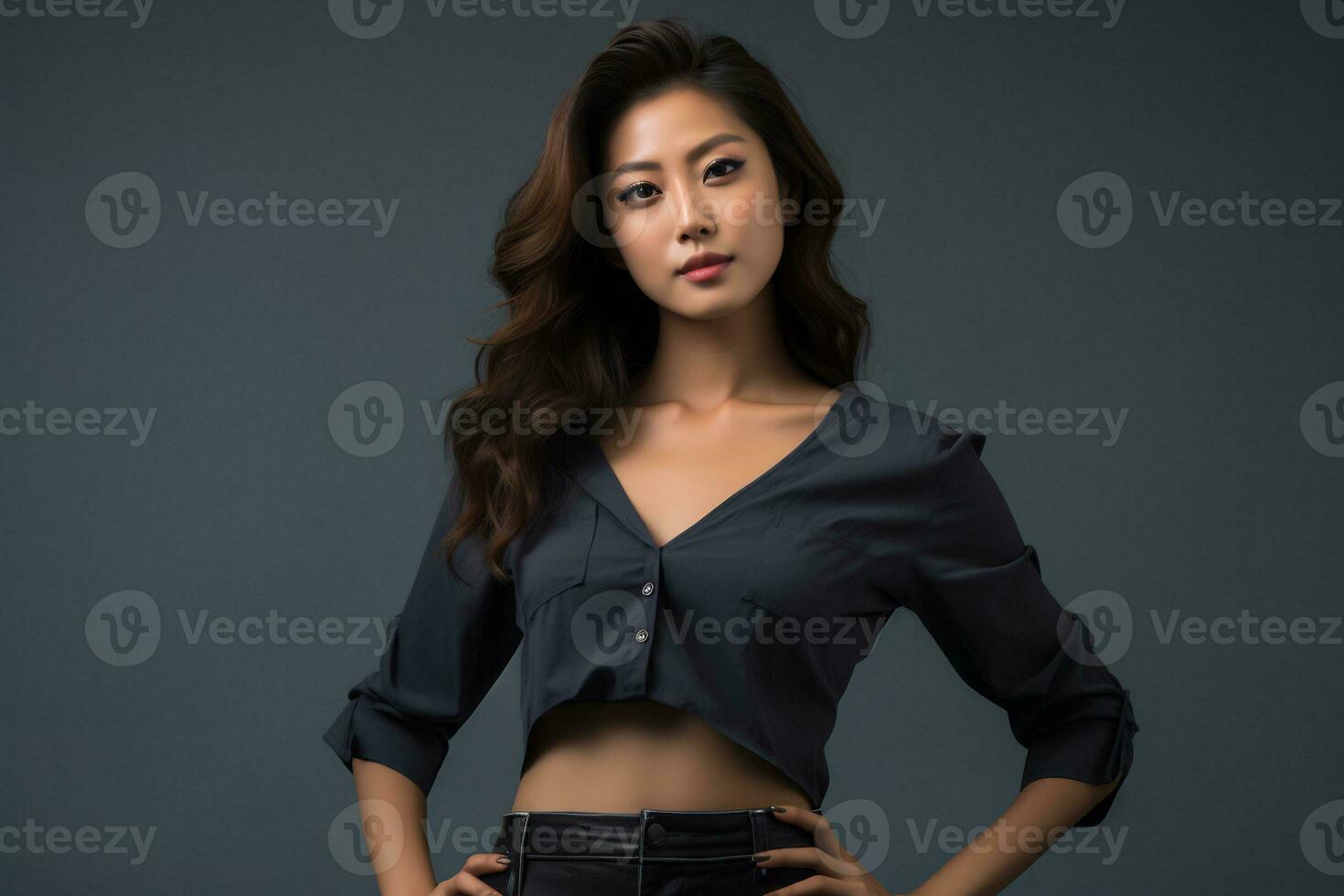 asiatisk modell i tillfällig kläder Framställ i enkel fast studio bakgrund ai generativ foto