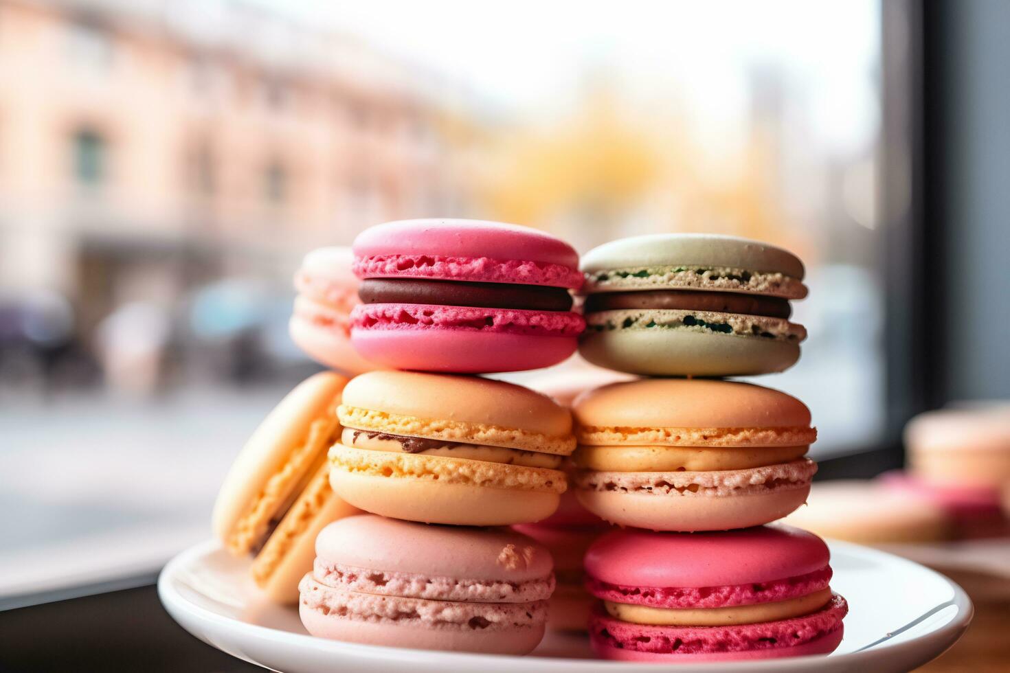 färgrik macarons är anordnad i en affär visa ai generativ foto