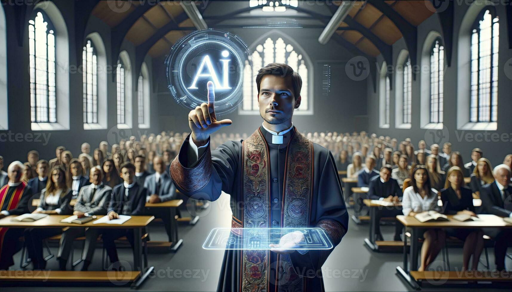 präst lär med en digital glas läsplatta, som visas 'ai' på varelse rörd förbi ett finger. ai generativ foto