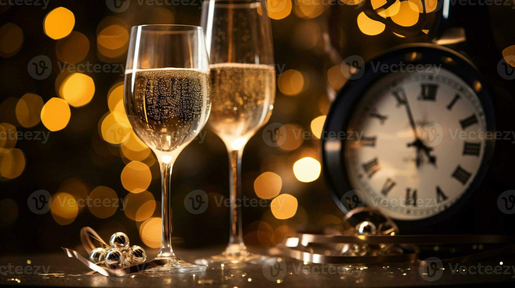 ai generativ ny år eve champagne med bokeh ljus och klocka foto