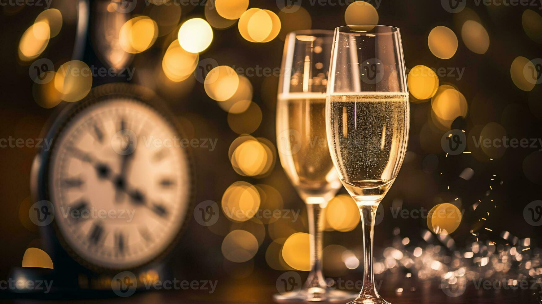 ai generativ ny år eve champagne med bokeh ljus och klocka foto