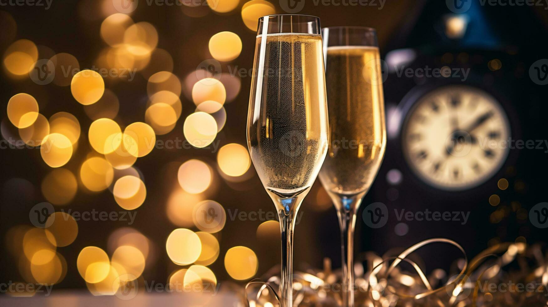 ai generativ ny år eve champagne med bokeh ljus och klocka foto