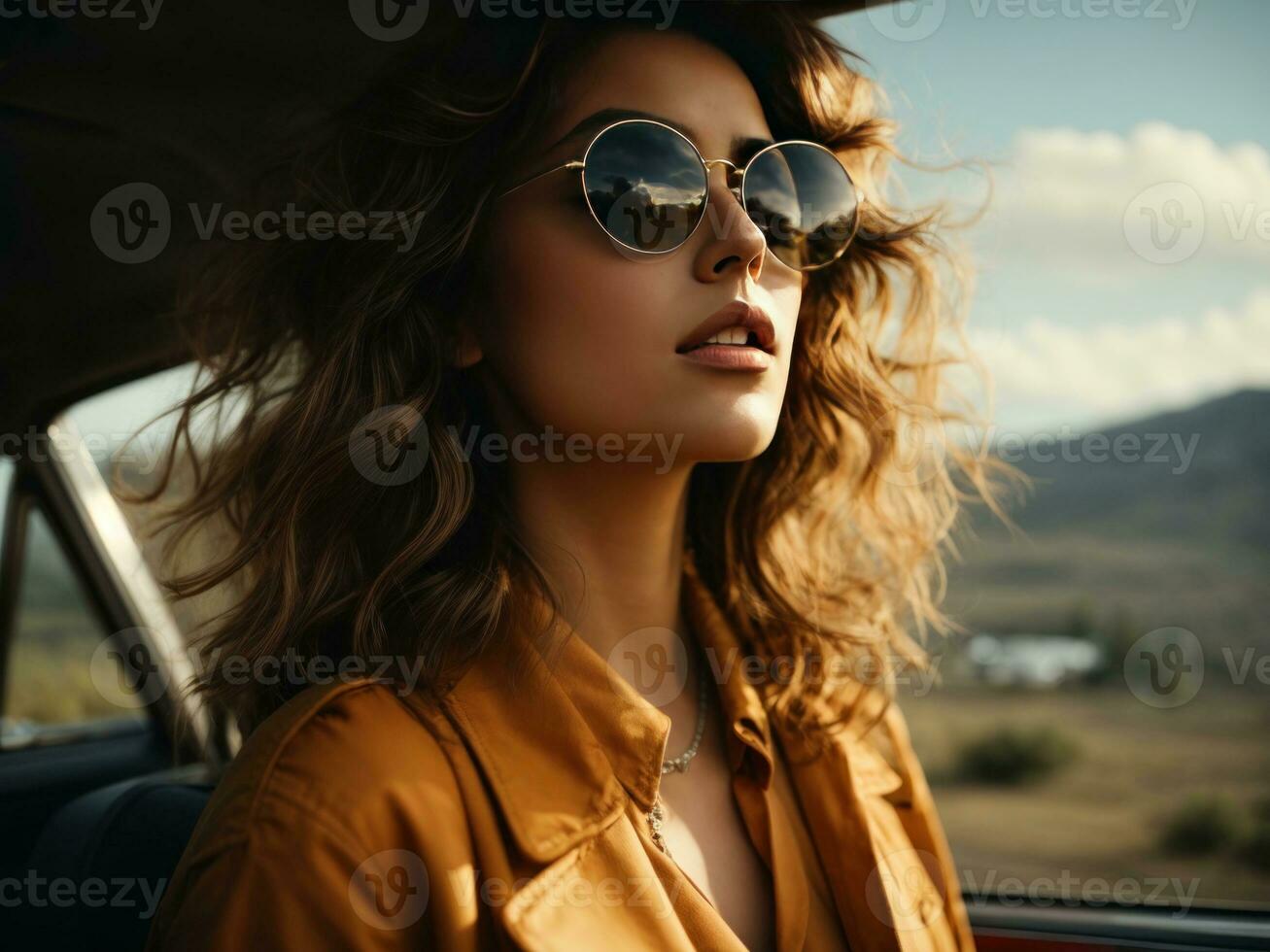 skön kvinnor bär solglasögon i bil. ai generativ foto