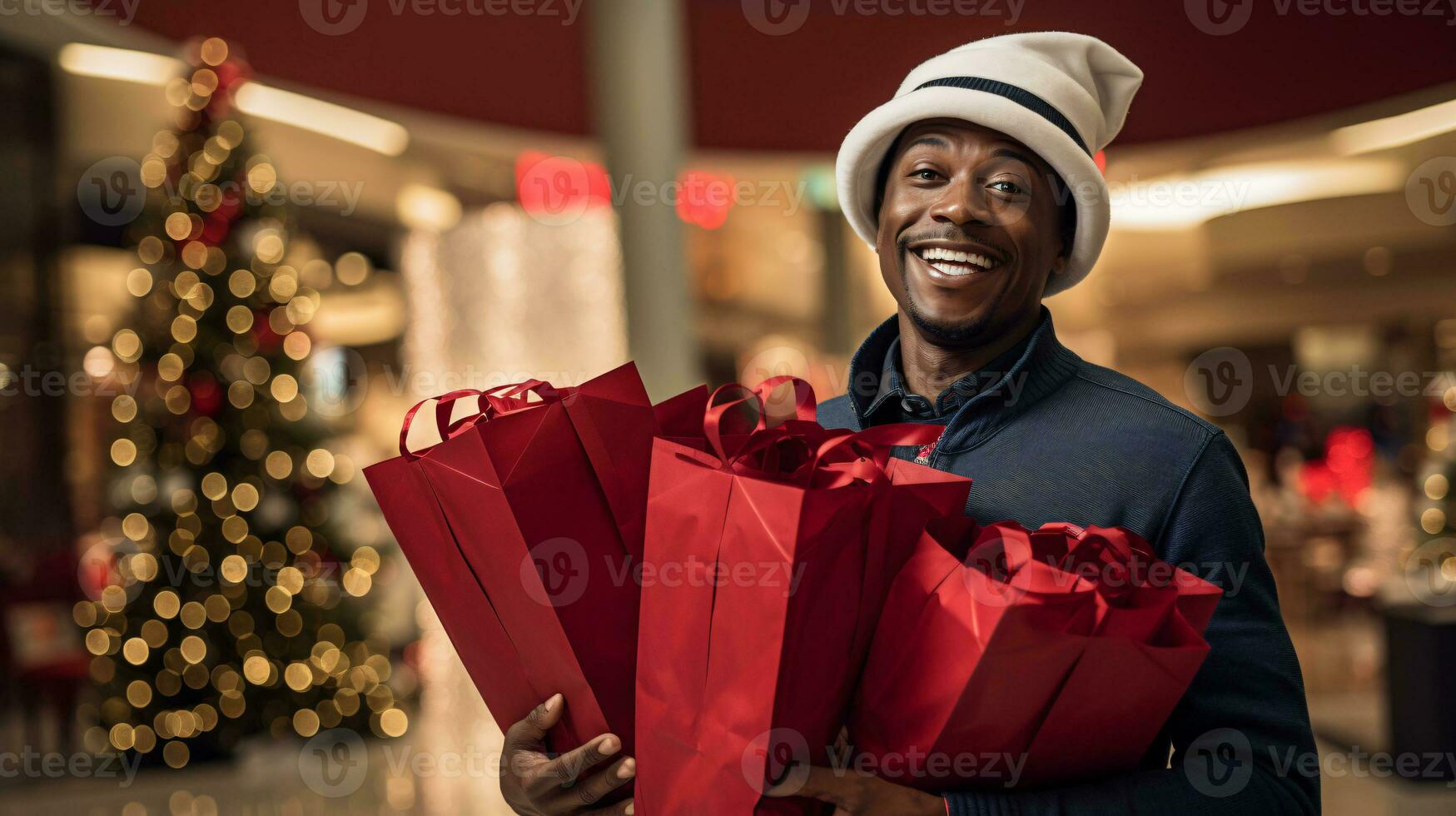 ai generativ människor av annorlunda etnicitet, ålder och kön innehav jul handla gåva påsar i köpcenter Allt över de värld foto