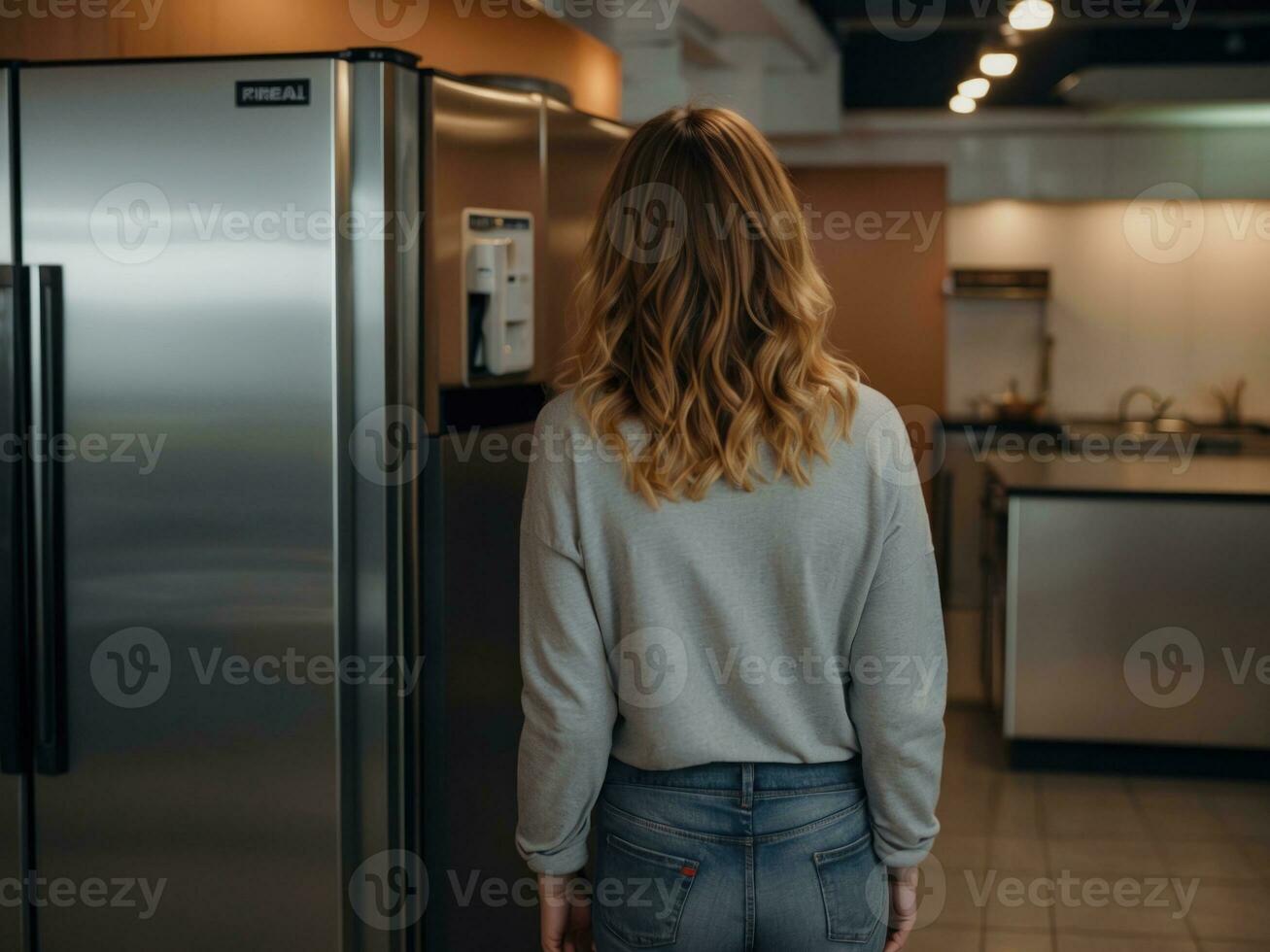 kvinna stående i främre av refrigerator.ai generativ foto