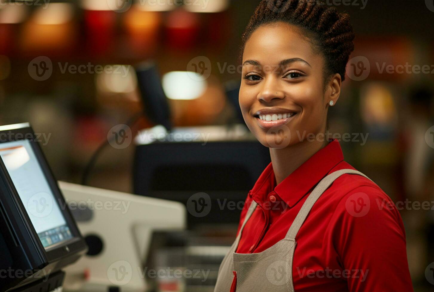 porträtt av en ung afrikansk amerikan kassör leende på de kamera i en kaffe affär ai genererad foto