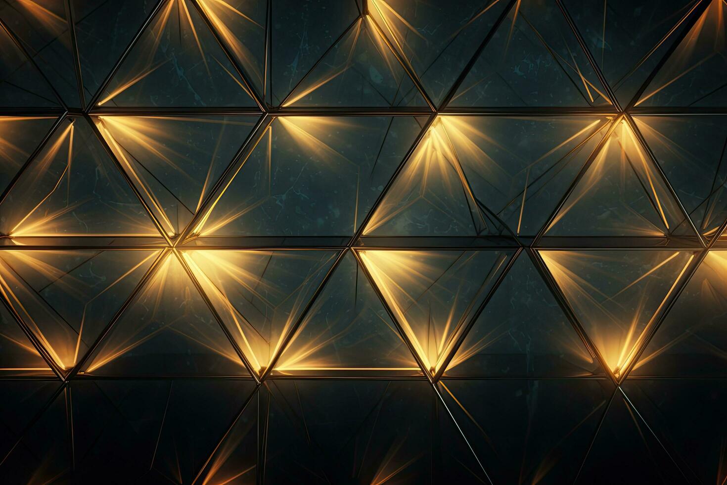 abstrakt polygonal bakgrund med gyllene lampor. 3d framställa illustration, abstrakt geometrisk mönster sammansatt av en myriad av korsande rader, ai genererad foto