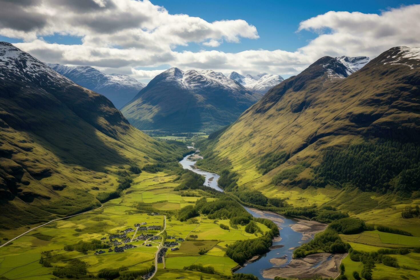 antenn se av glencoe och glencoe i Skottland, Storbritannien, antenn se av glencoe och de bergen omgivande de små stad i Skottland, ai genererad foto