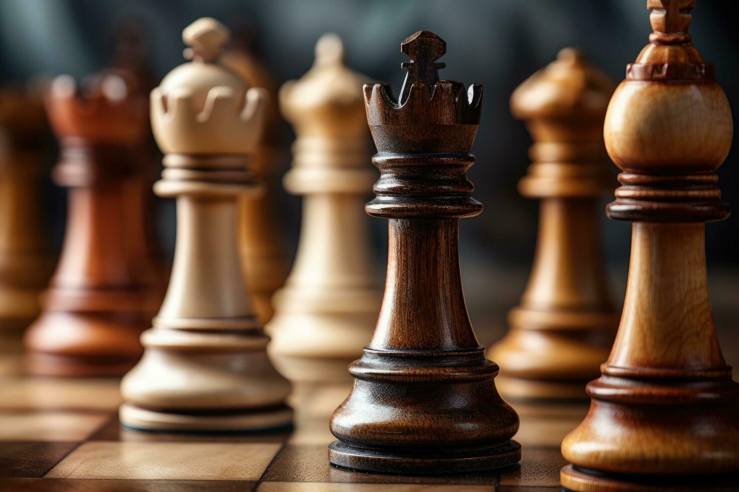schack bitar på en schackbräde, närbild, selektiv fokus, schack bitar på de schackbräde. närbild, ai genererad foto