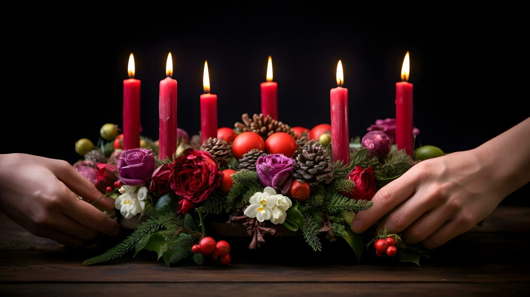 jul första advent krans röd ljus och blommor på en trä- tabell foto