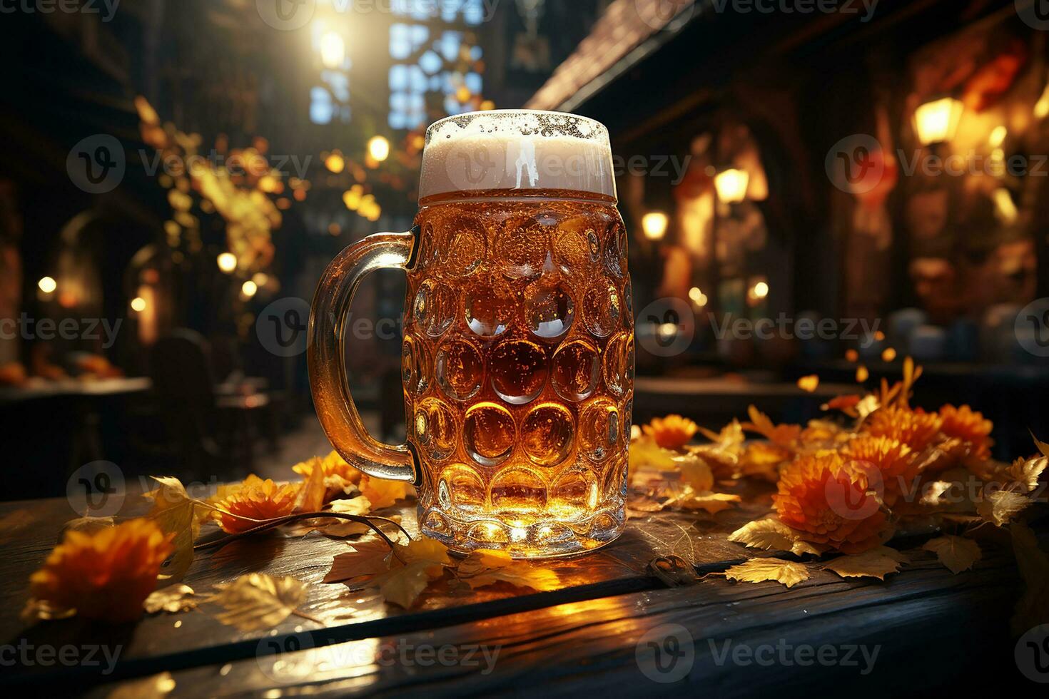 de glas av öl och jul dekorationer, ai genererad foto