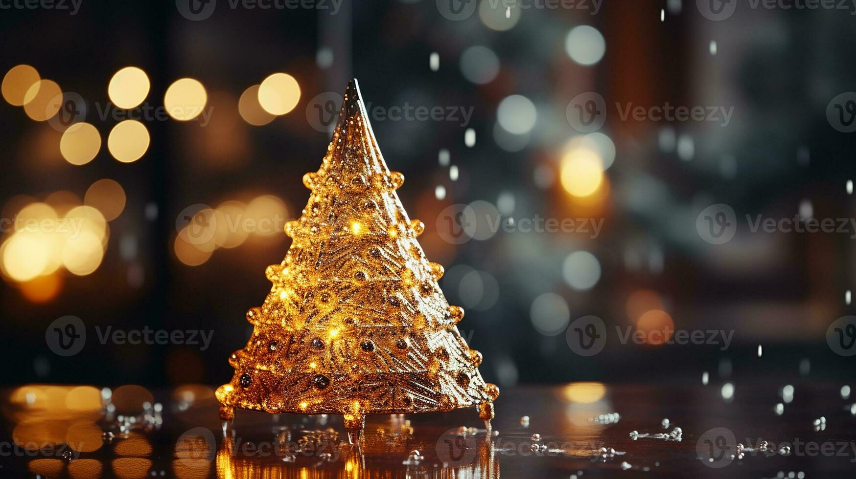 små jul modern träd, bokeh ljus bakgrund, ai genererad foto