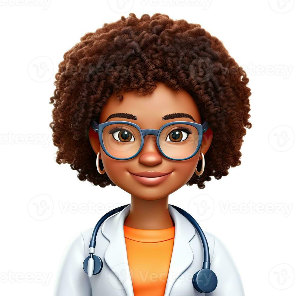 tecknad serie plastin 3d avatar av flicka med mörk hud och afro lockar uppkopplad läkare isolerat på vit bakgrund foto