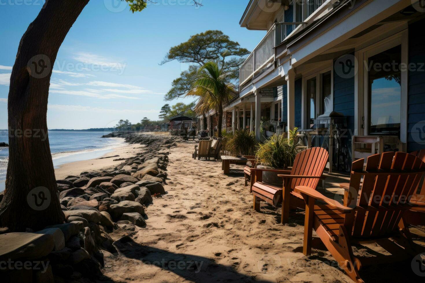 skön strand värdshus solig dag se ai genererad foto