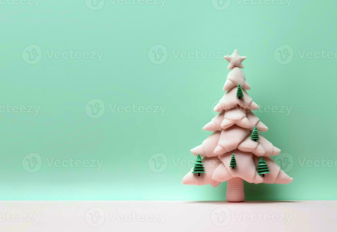 jul hälsning kort ai genererad minimalistisk pastell sammansättning jul träd med en stjärna på de topp plysch leksak med kreativ grön ornament minimal estetisk vinter- högtider hälsning kort foto