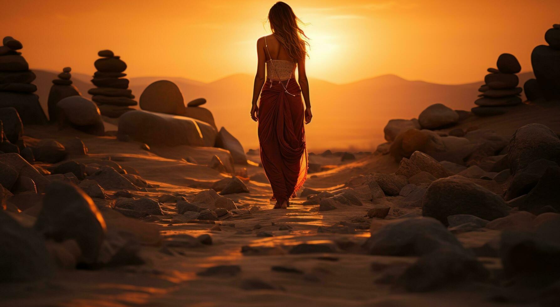 kvinna silhuett i öken- gående på solnedgång foto