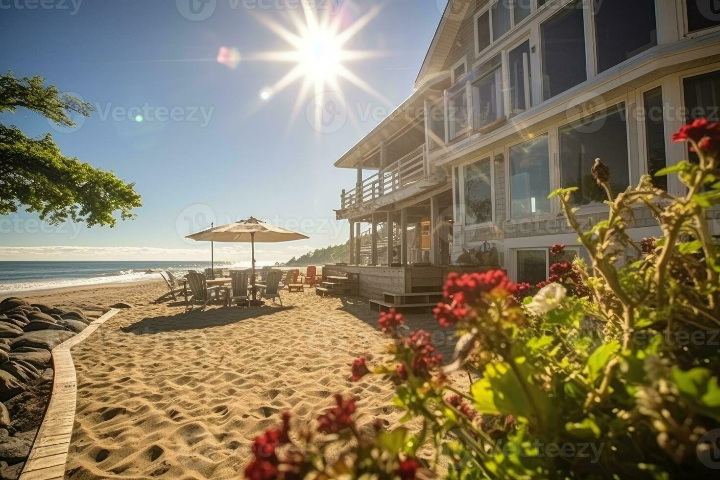 skön strand värdshus solig dag se ai genererad foto