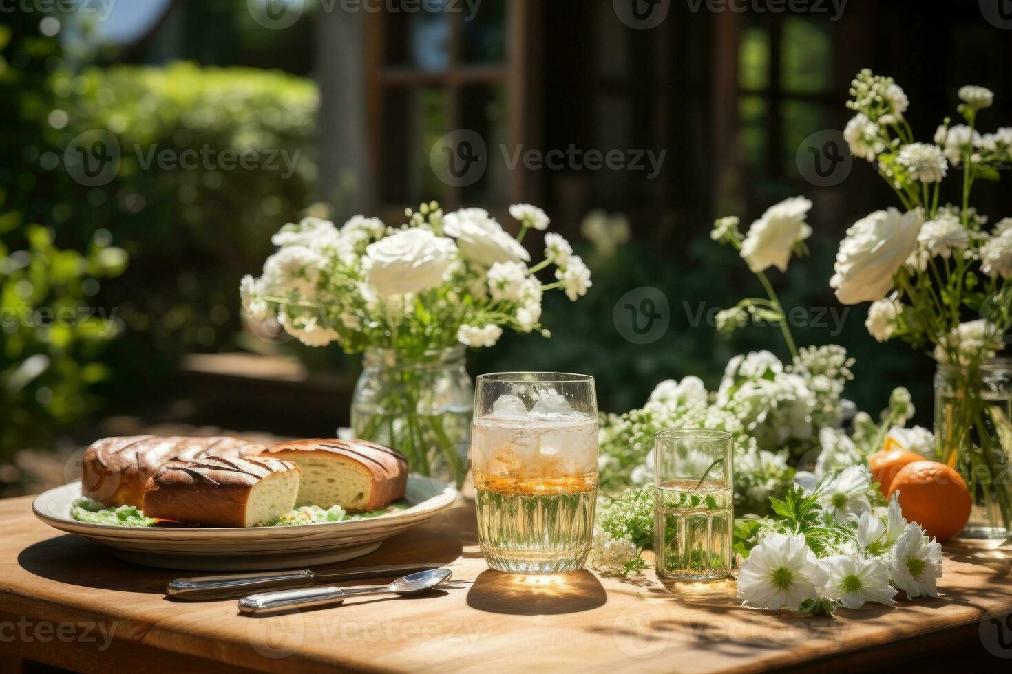 tabell uppsättning för en sommar brunch i de trädgård ai genererad foto