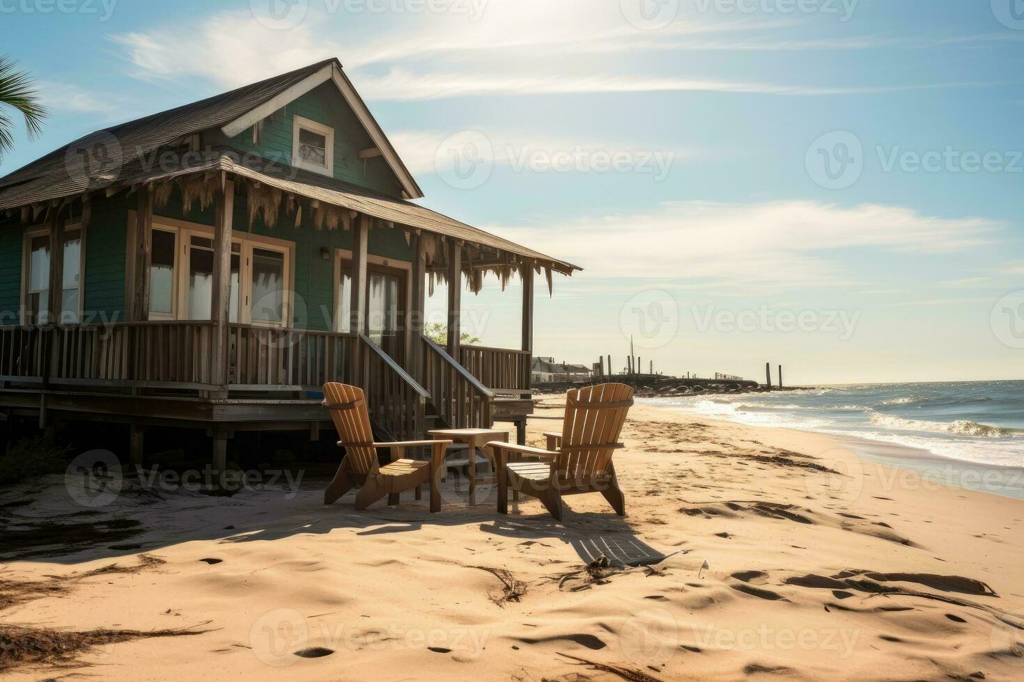 skön strand värdshus solig dag se ai genererad foto