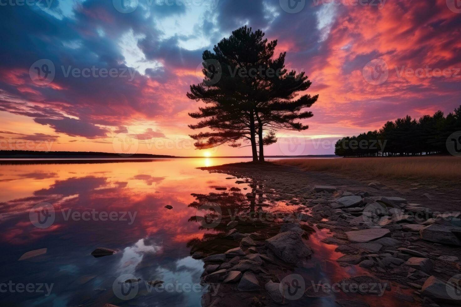silhuetter av träd under en molnig himmel under solnedgång professionell reklam fotografi ai generativ foto