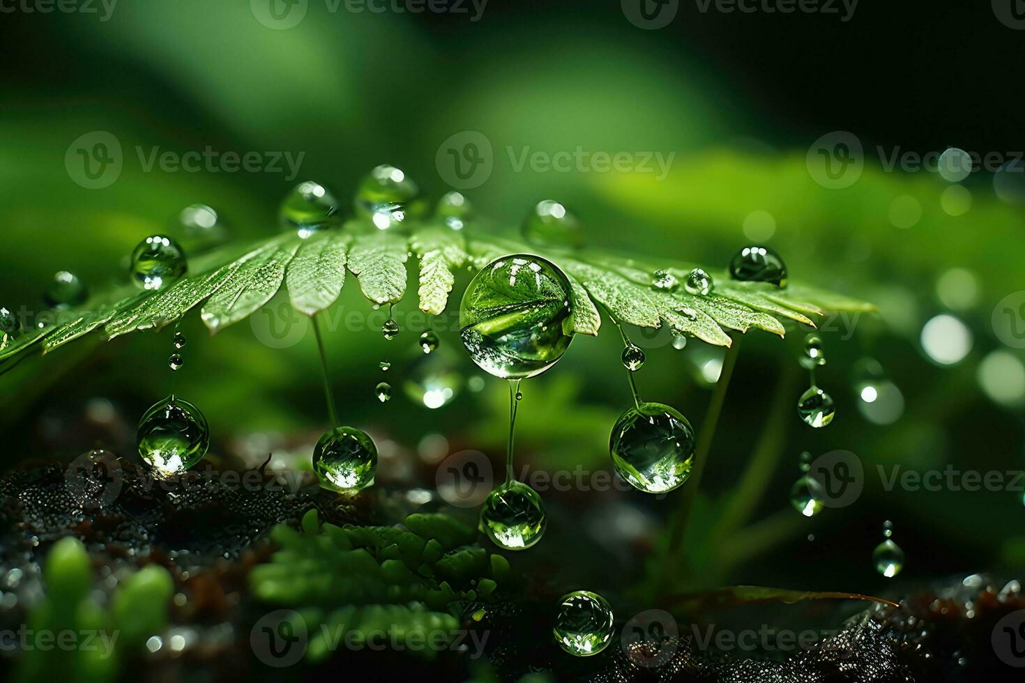 realistisk skog makro stänga upp av regn släppa ai genererad foto