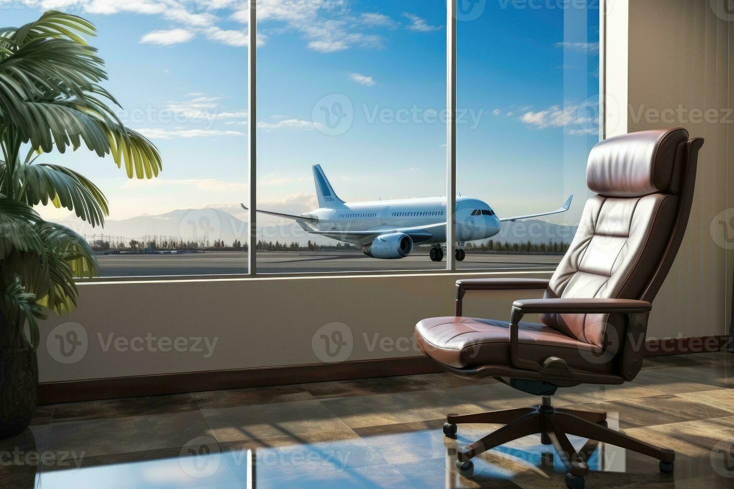 väntar rum på de flygplats med de stor fönster ai genererad foto