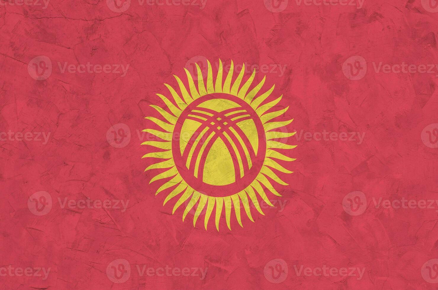 kyrgyzstan flagga avbildad i ljus måla färger på gammal lättnad putsning vägg. texturerad baner på grov bakgrund foto