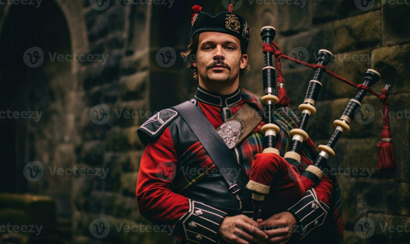 skott säckpipa klädd i traditionell röd och svart tartan klänning stå innan sten vägg ai genererad foto