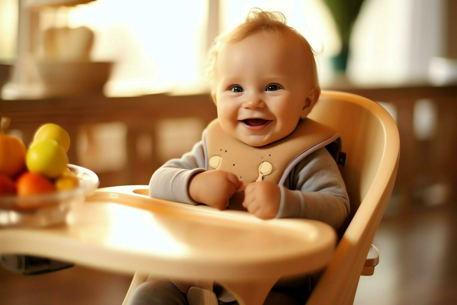 konventionell bebis matning stol i de dining tabell på Hem eller kök. barn hög stol möbel begrepp förbi ai genererad foto