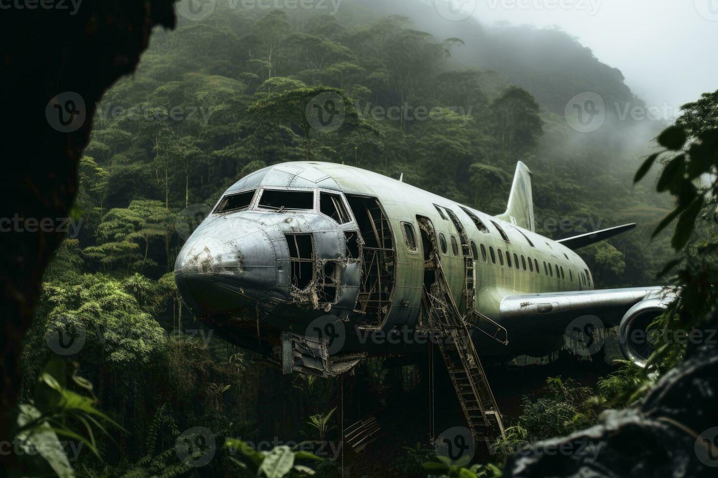 en stranded flygplan i de jungle.ai generativ foto