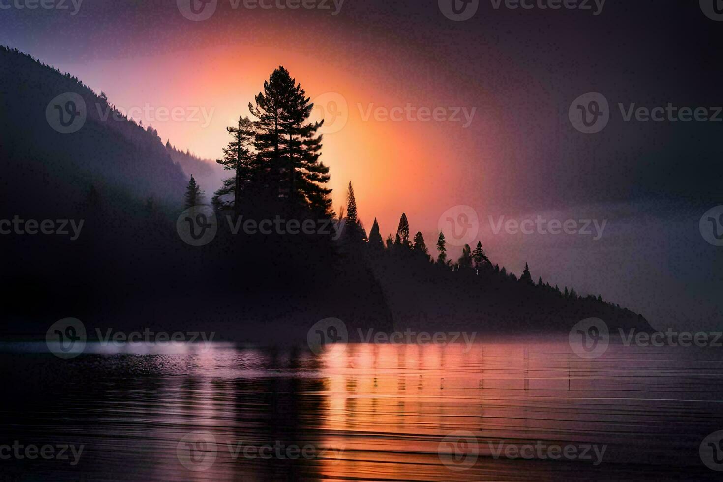 en solnedgång över en sjö med träd och en dimmig himmel. ai-genererad foto