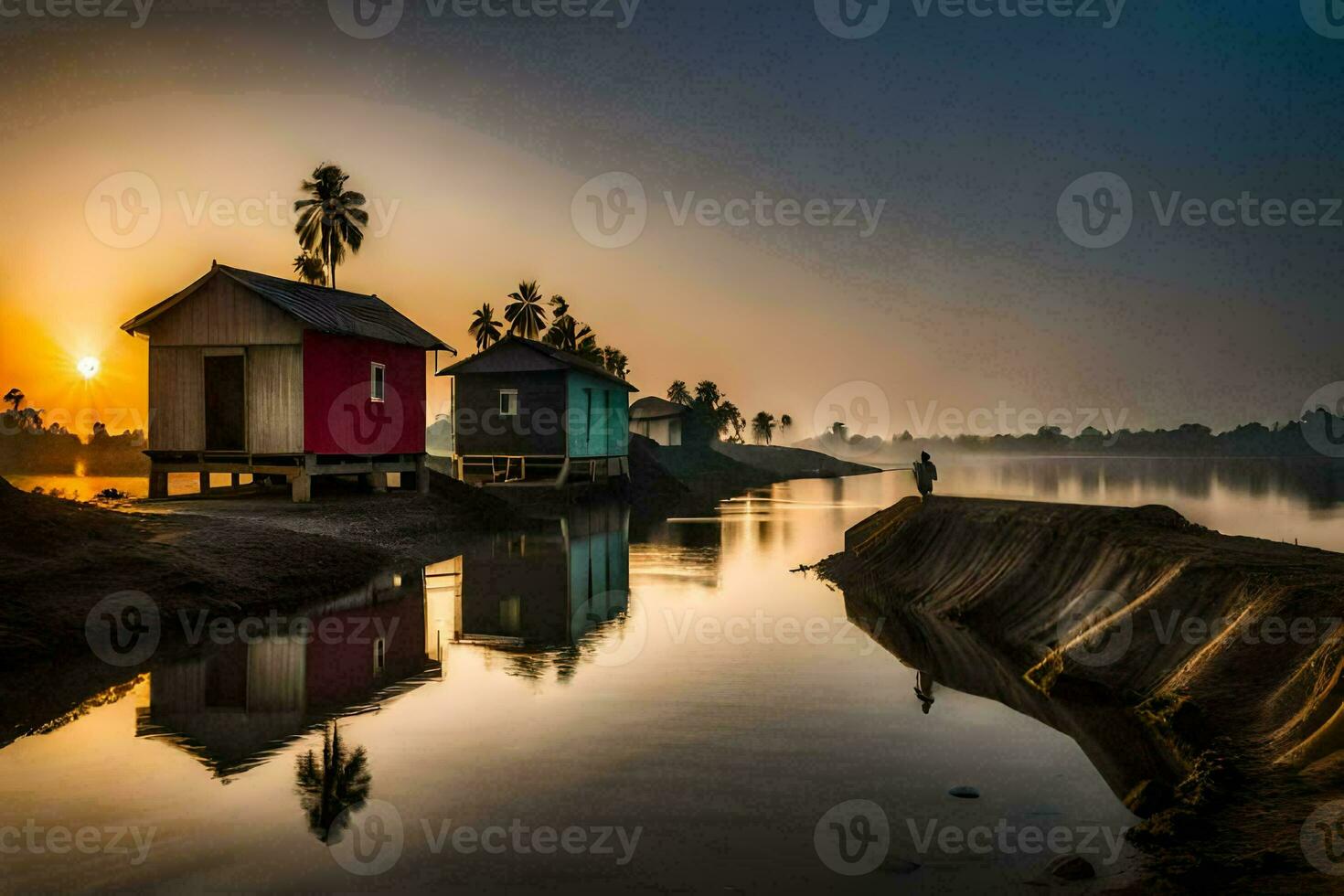 en små by med färgrik hus på de Strand av en flod. ai-genererad foto