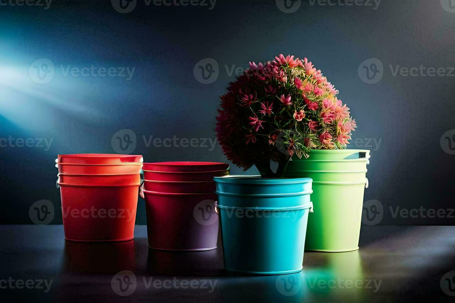 färgrik hinkar med en växt i dem. ai-genererad foto