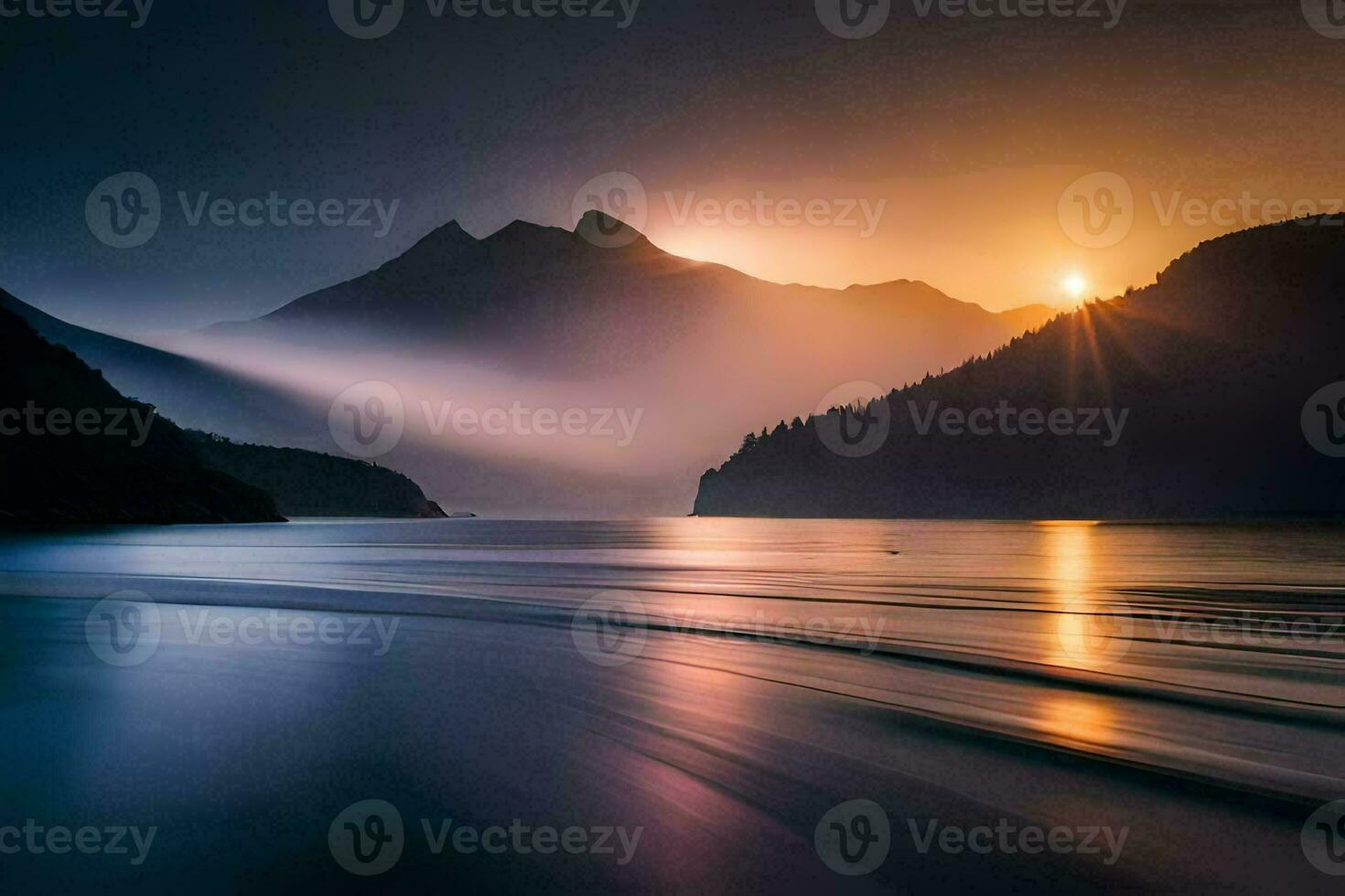 de Sol stiger över en berg räckvidd och en sjö. ai-genererad foto