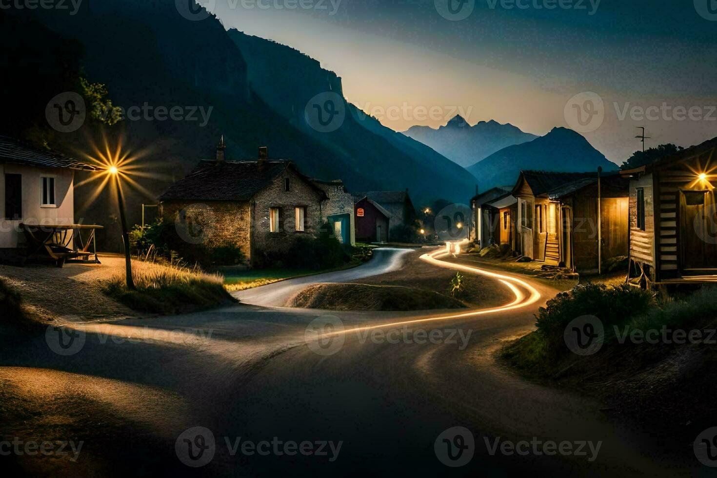 en lindning väg i de bergen på natt. ai-genererad foto