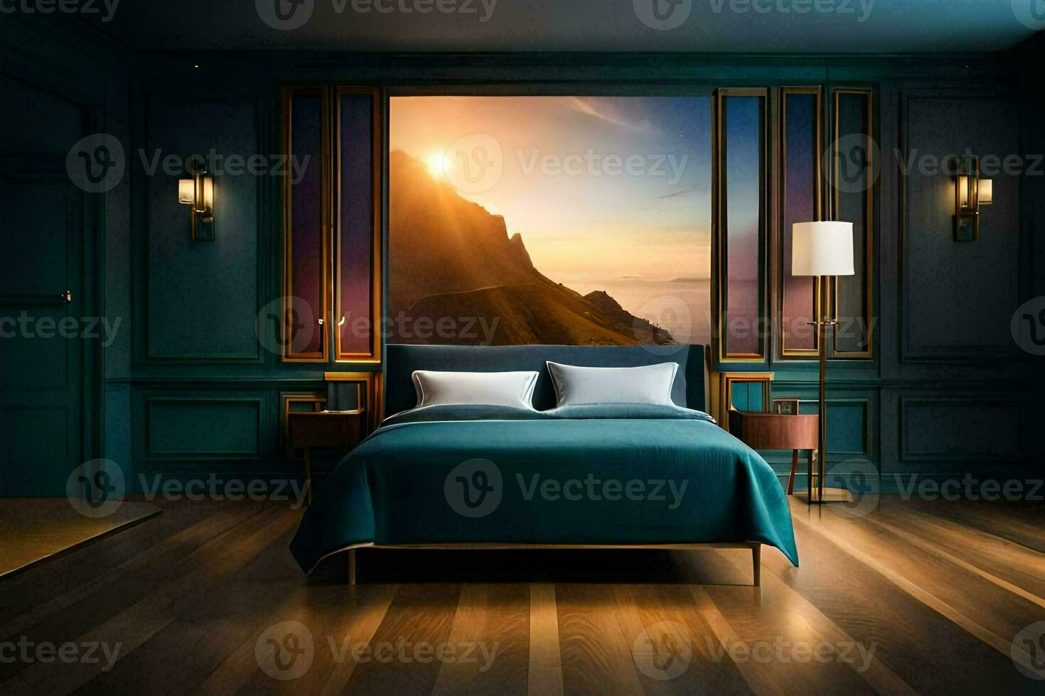 en sovrum med en stor vägg mural av de Sol miljö över de hav. ai-genererad foto