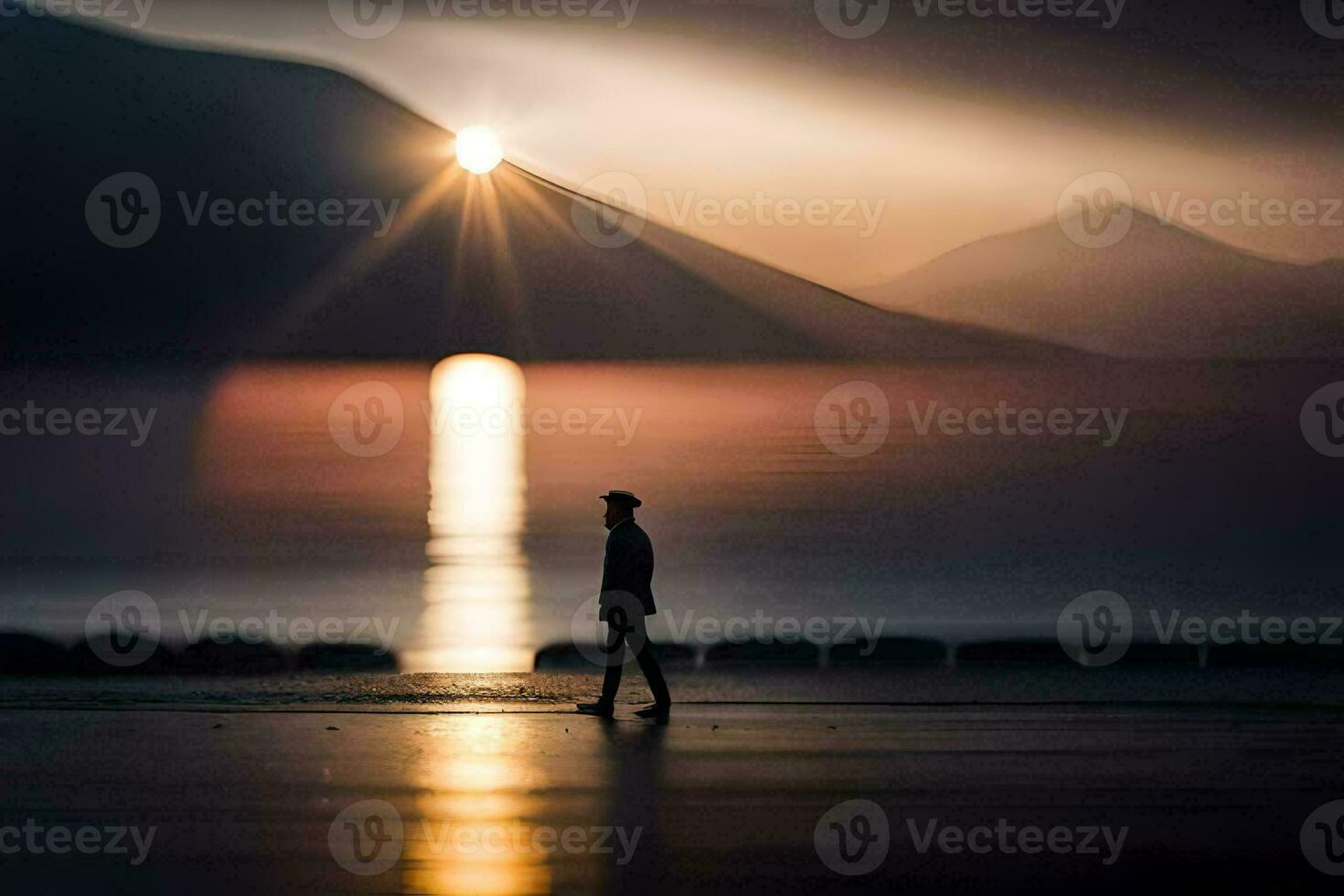 en man gående på de strand på solnedgång. ai-genererad foto