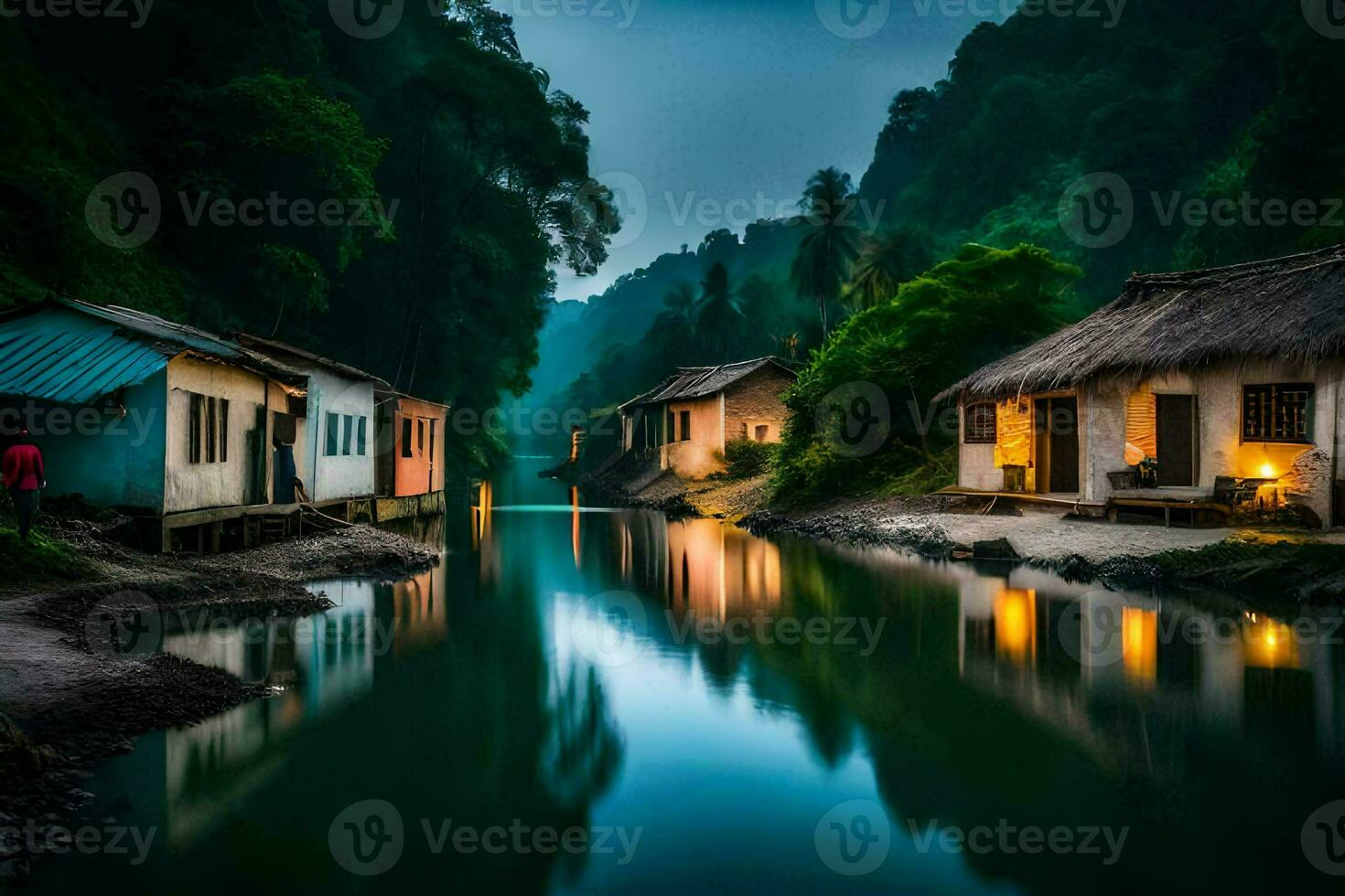 hus på de banker av en flod på natt. ai-genererad foto