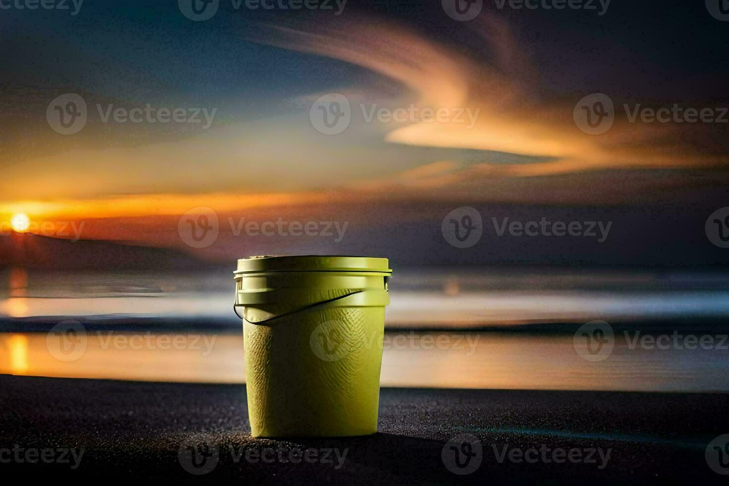 en grön hink på de strand på solnedgång. ai-genererad foto