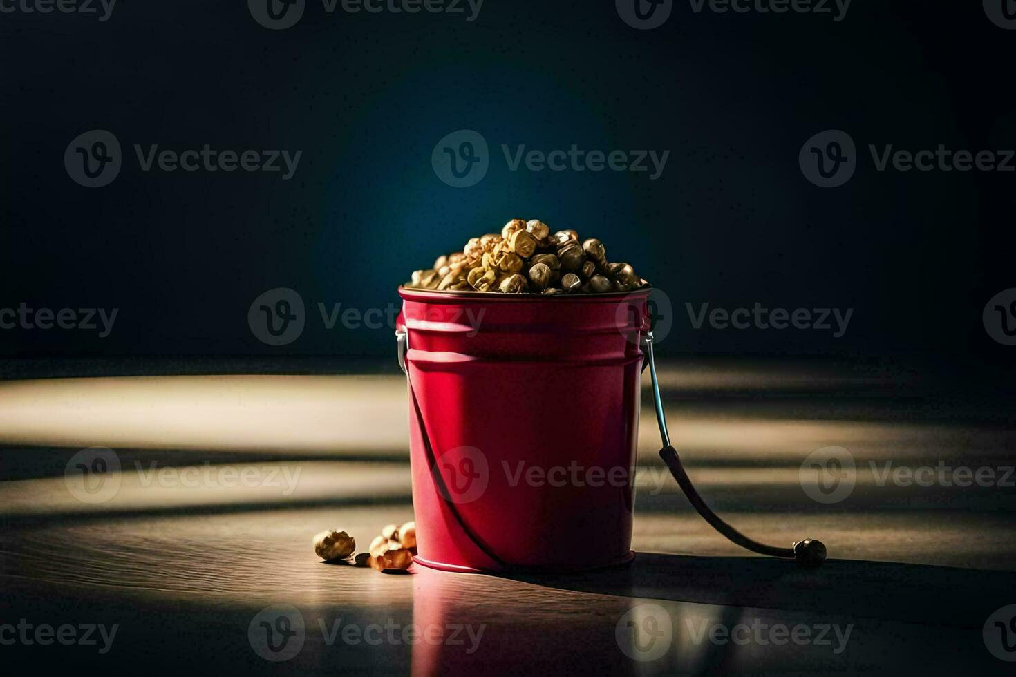 en röd hink fylld med popcorn på en tabell. ai-genererad foto