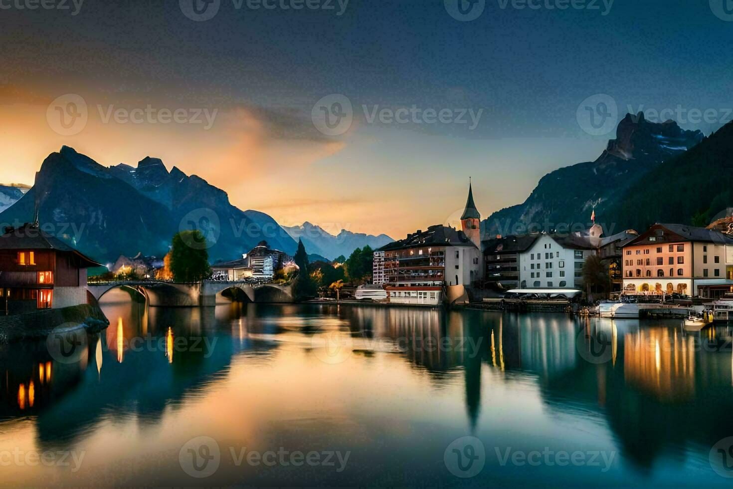 de skön stad av schweiz på solnedgång. ai-genererad foto