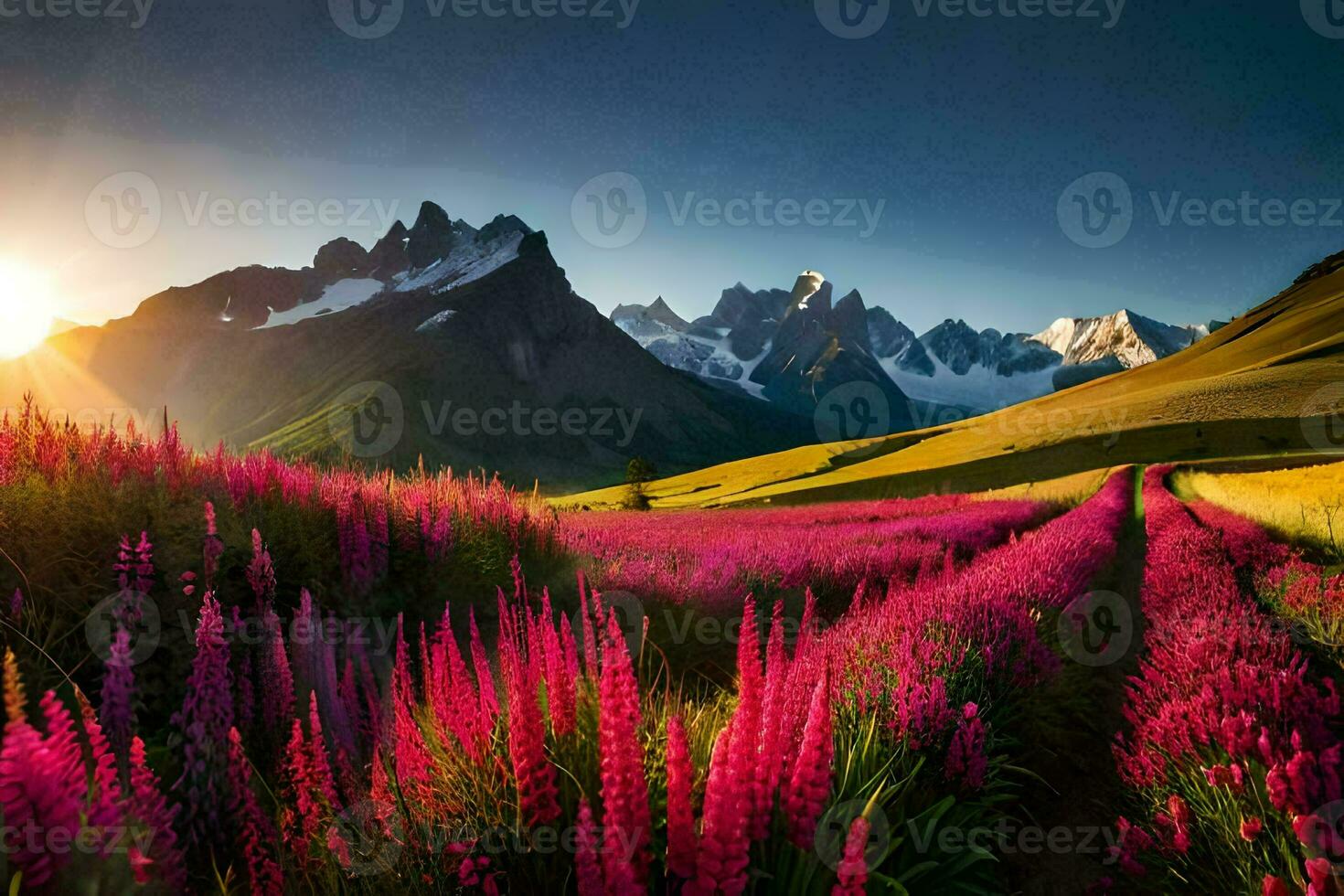 de Sol stiger över de bergen och de blommor blomma i de fält. ai-genererad foto