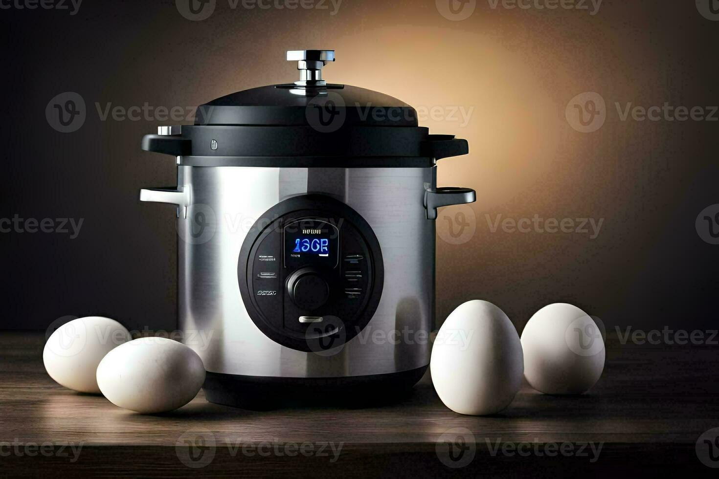 ett elektrisk tryck spis med ägg på en tabell. ai-genererad foto