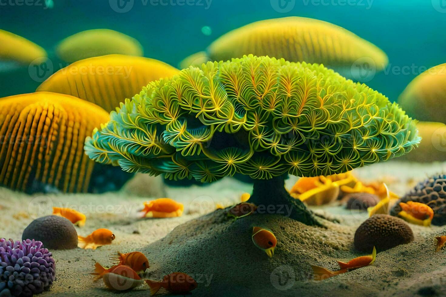 en träd med många färgrik hav anemoner. ai-genererad foto