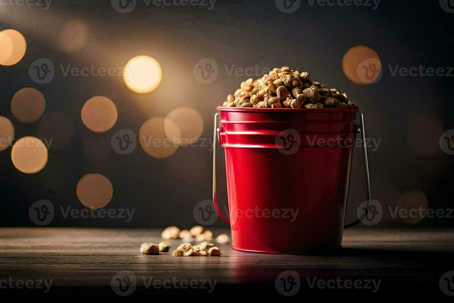 en röd hink fylld med popcorn på en trä- tabell. ai-genererad foto