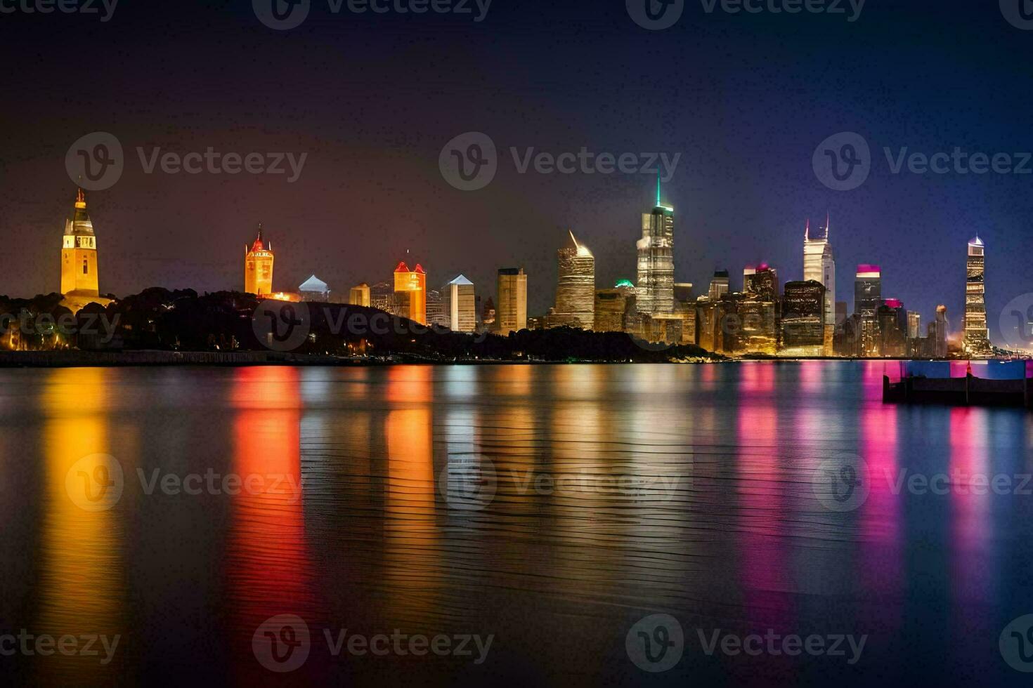 de chicago horisont på natt med färgrik lampor reflekterad i de vatten. ai-genererad foto