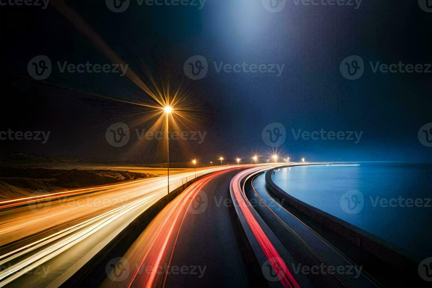 lång exponering av en motorväg på natt. ai-genererad foto