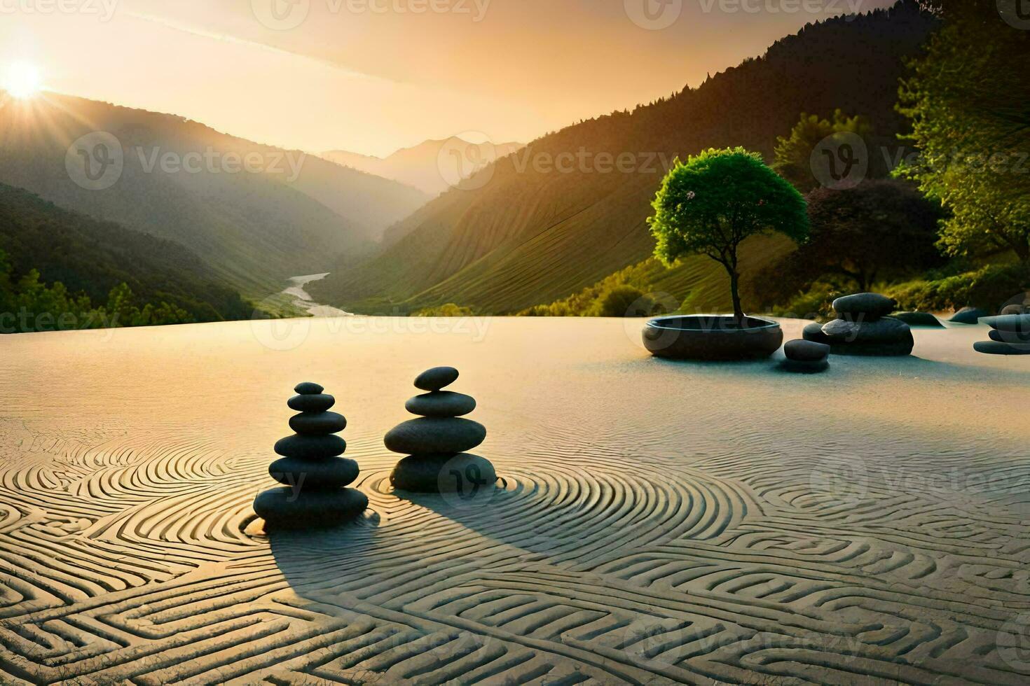 Foto tapet de himmel, berg, stenar, träd, stenar, zen trädgård, zen. ai-genererad